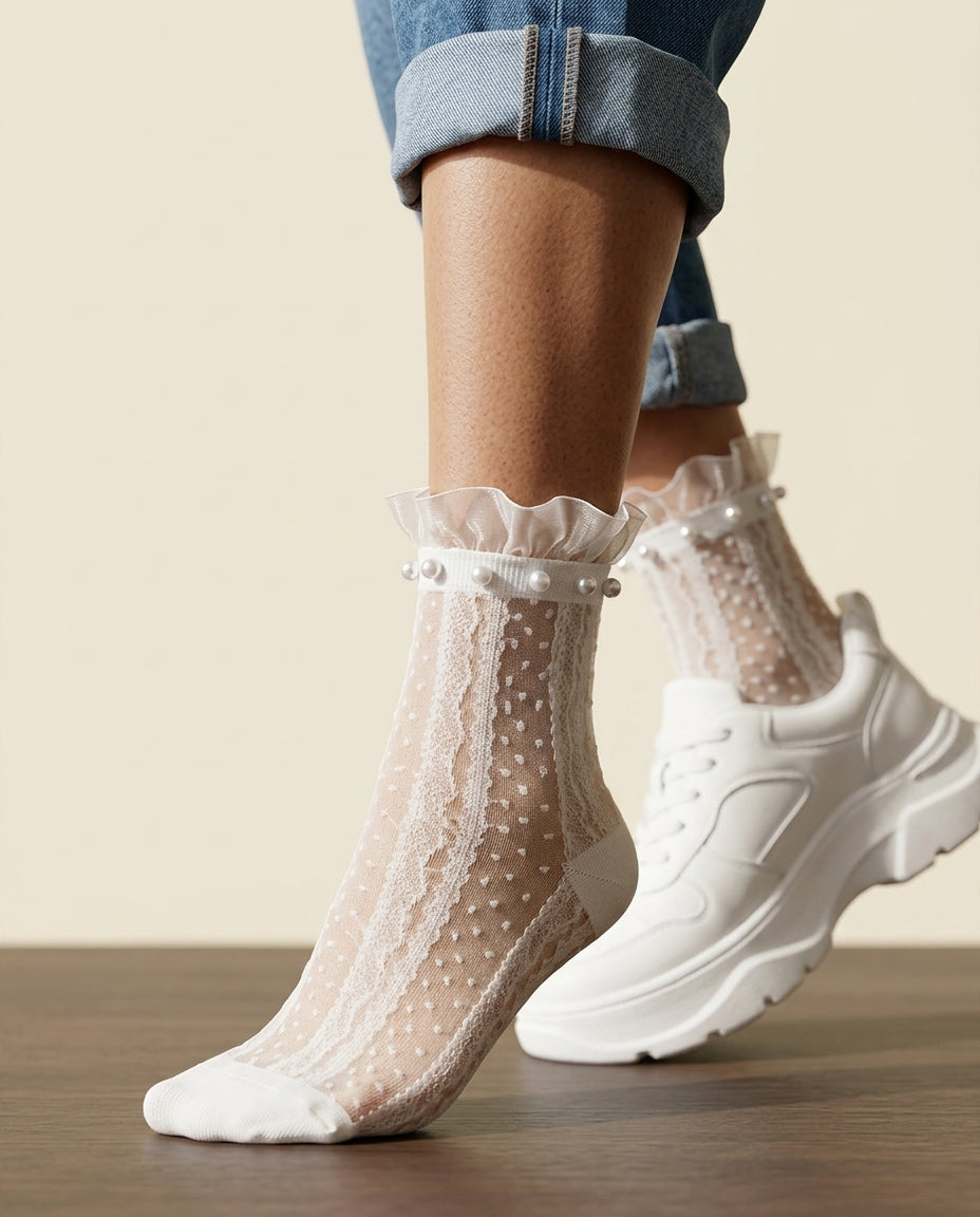 Chantilly Pearl Lace Crew Socks - White - lifestyle walking shot