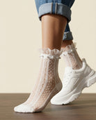 Chantilly Pearl Lace Crew Socks - White - lifestyle walking shot