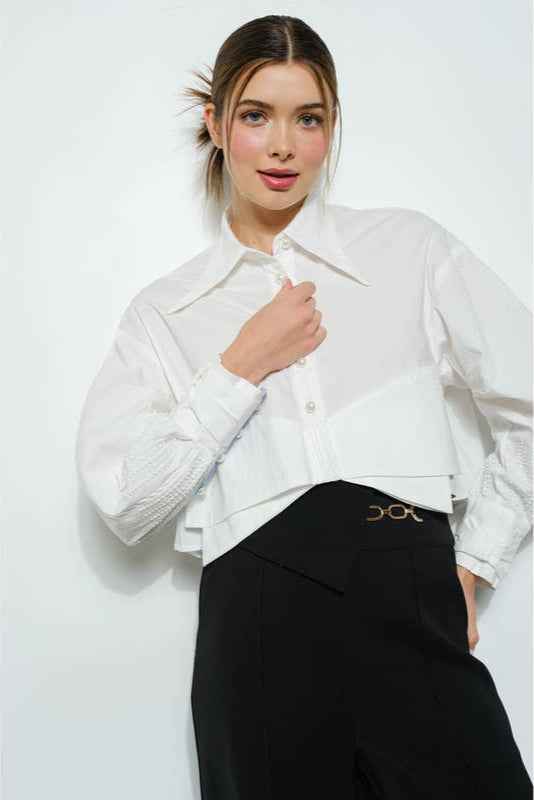 Bow Ribbon Cropped Button Up Shirt