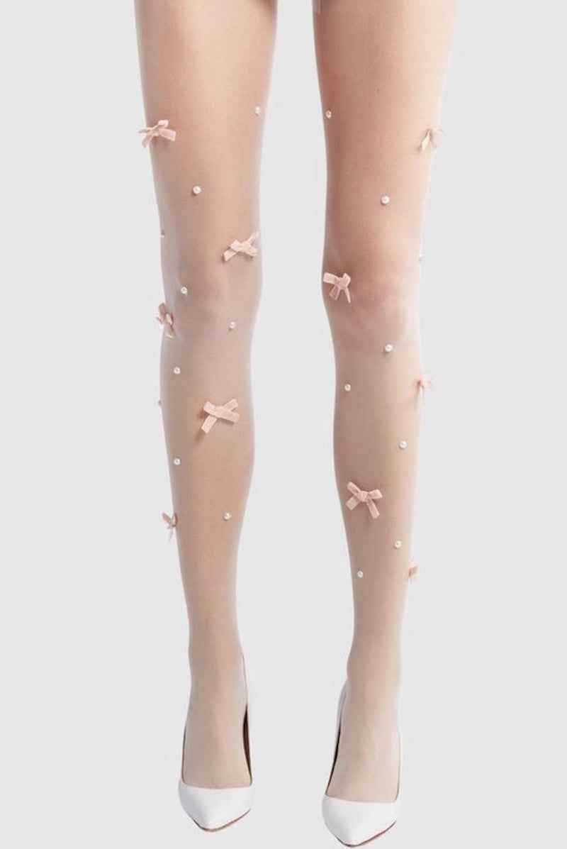 Velvet Bow Pearl Tight in Pink and White
