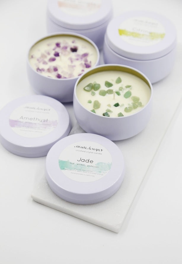 Love Classic high quality crystal candles in pastel tins with jade and amethyst stones
