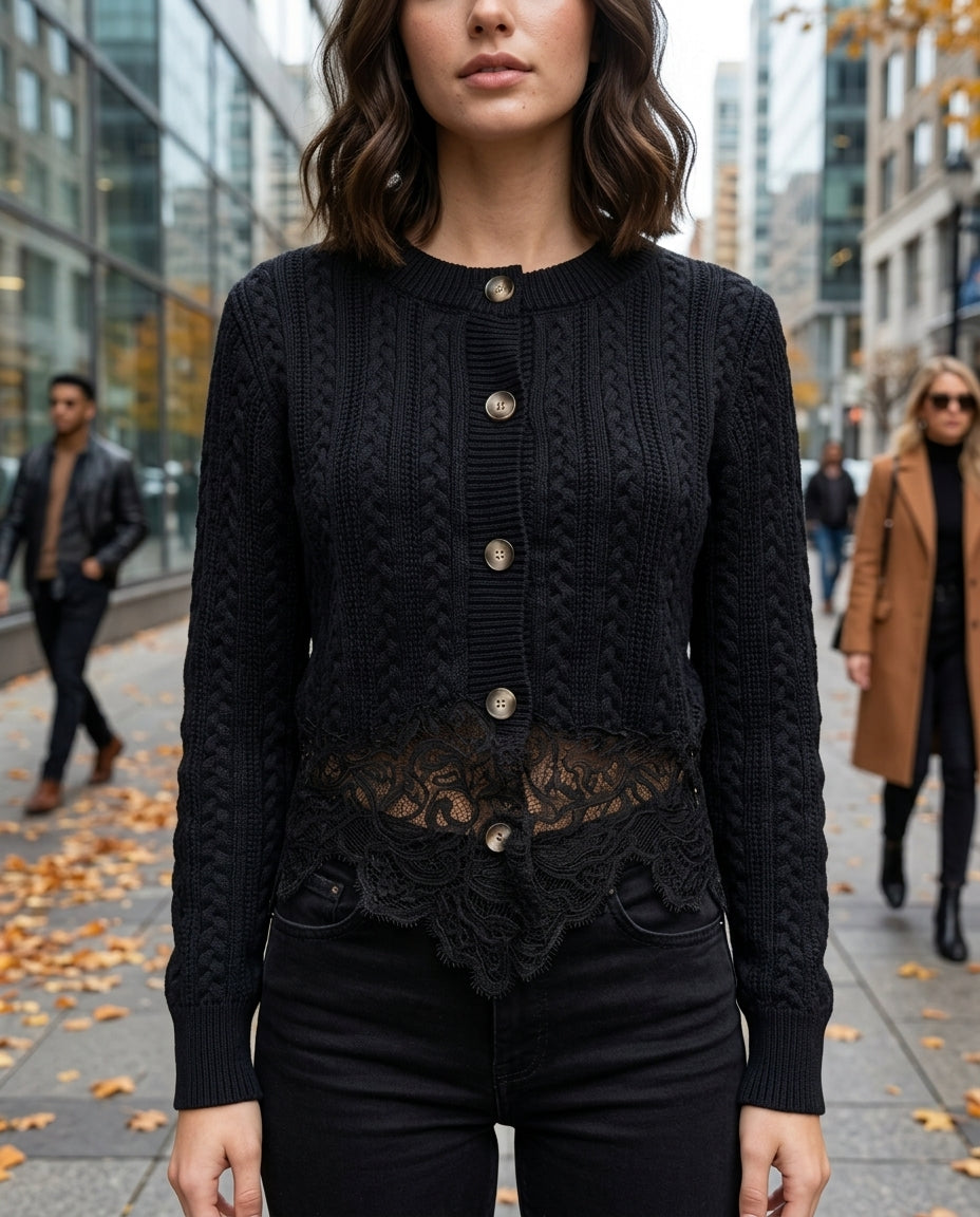 The Eloise Cardigan in black – cable knit with lace hem, front close-up