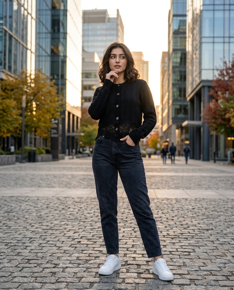 The Eloise Cardigan in black styled with black jeans and white sneakers