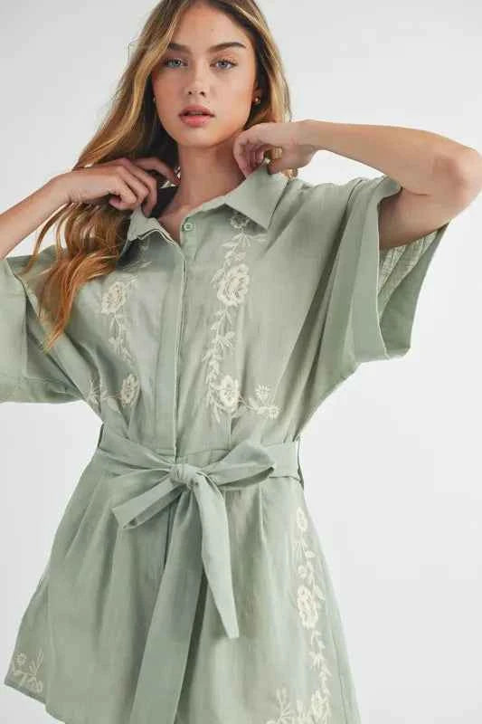 Embroidered Collared Romper in Dusty Sage