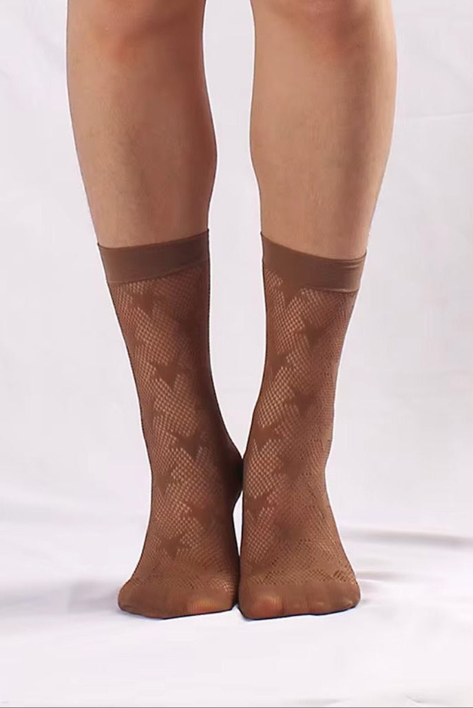 Stylish brown mesh crew socks with star design for women