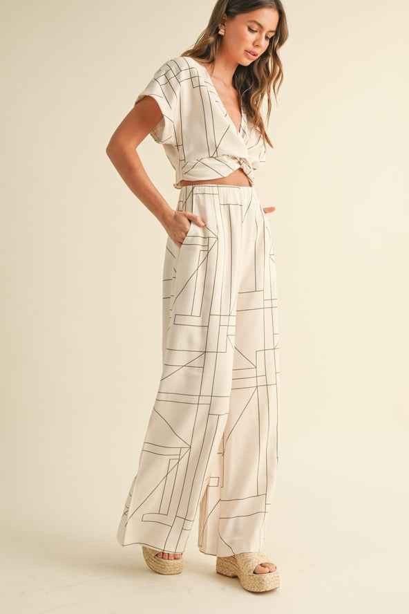 Multi Grid Pattern Wide Leg Pants