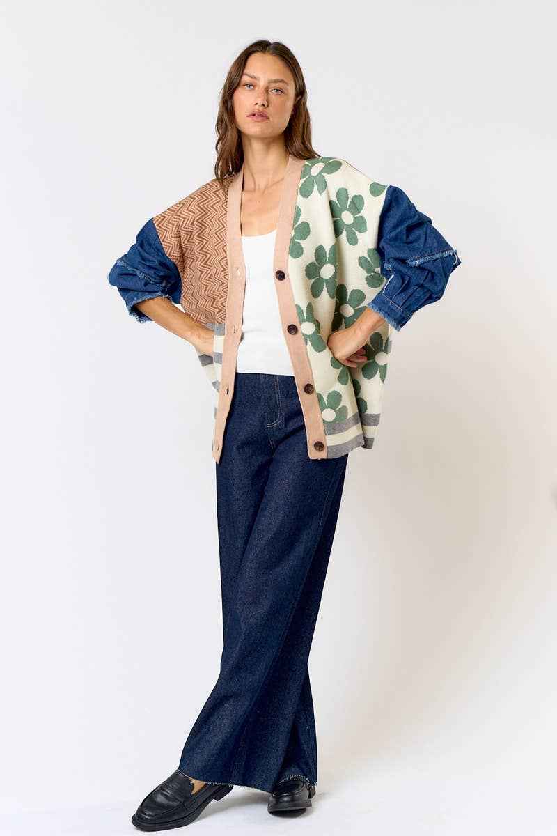 Patchwork Cardigan with Denim Sleeves