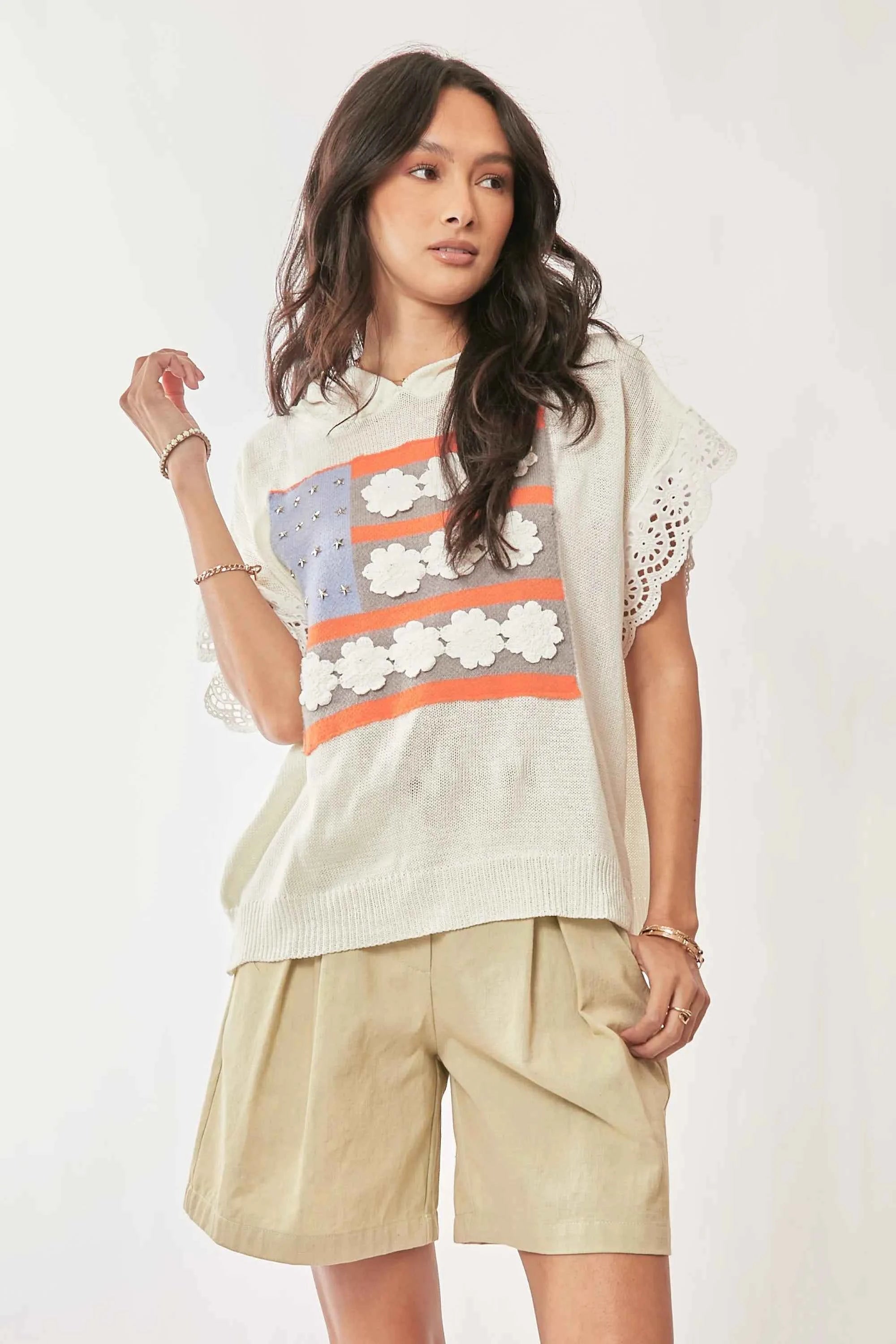 American Flag Lace Sleeve Hoodie Top