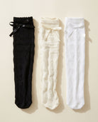 3-Pack Heart-Shaped Lace Bow Socks flat lay in Black, Milk White and White with satin bows