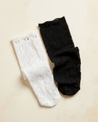 2-Pack Ribbon Tie Rose Lace Socks, one Black and one Milky White pair laid flat