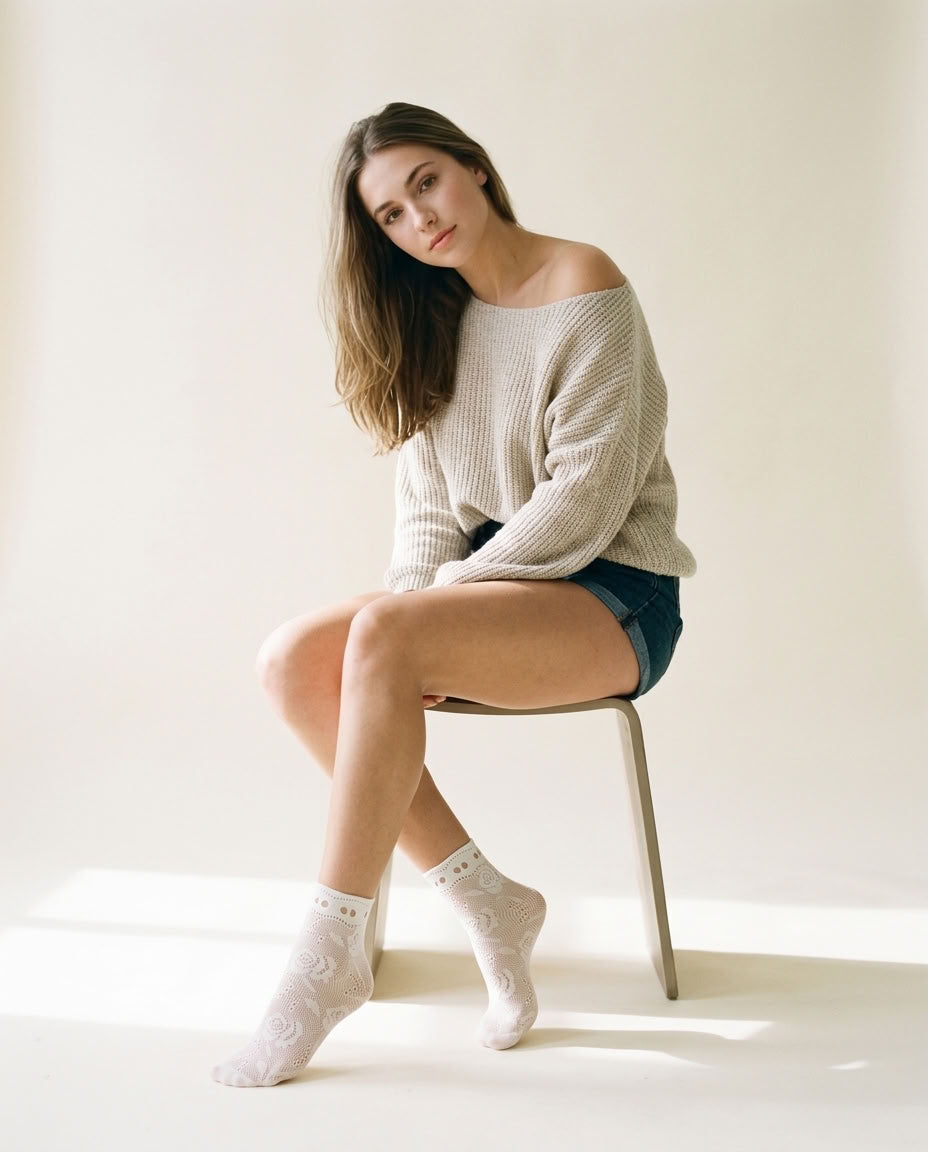 Ribbon Tie Rose Lace Socks in Milky White worn without the ribbon
