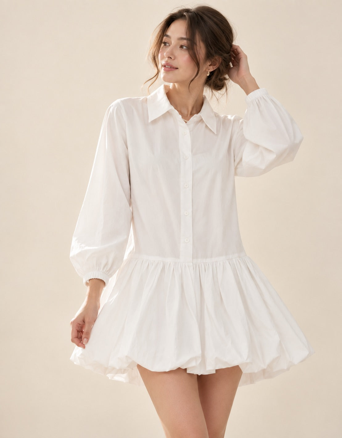 Shirt Bubble Hem Mini Dress in off white, front view