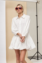 Shirt Bubble Hem Mini Dress in off white with balloon sleeves