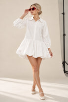 Shirt Bubble Hem Mini Dress in off white, full length with ballet flats